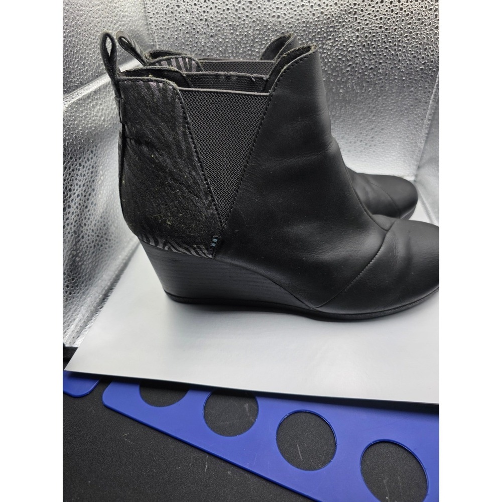 TOMS Leila Black Leather Zebra Print Wedge Ankle Boots Women US 9.5 Booties